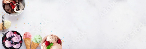 Obraz Summer ice cream corner border. Bowls and cones of colorful assorted flavors. Top view on a white marble banner background. Copy space.