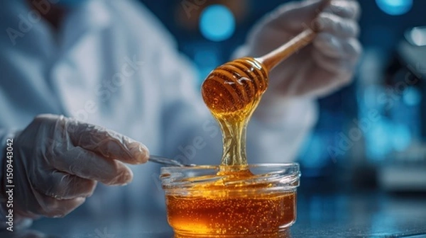 Fototapeta In a clean laboratory setting, a beekeeper in gloves pours thick, golden honey from a dipper into a small glass container. The bright light illuminates the honey's rich color