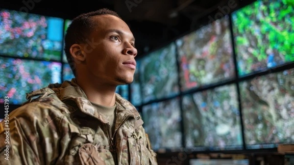 Obraz A soldier stands attentively in a control center surrounded by large screens showcasing detailed maps and colorful data visualizations during a critical operation