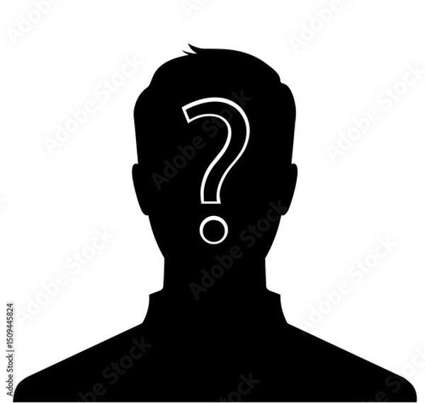 Fototapeta Silhouette of a Man with Question Mark on Face. Unknown Identity, Wanted Criminal, Mystery Person, Missing Individual, Anonymous Subject, Investigation or Suspicion 

