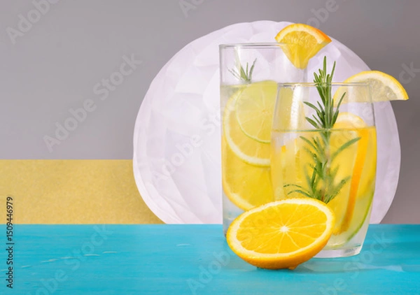 Obraz Two glasses of drink with lemons and a piece of orange on a gray background