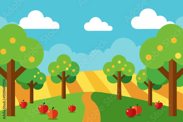 Obraz Autumn landscape illustration of a field with trees and flowers under a clear sky