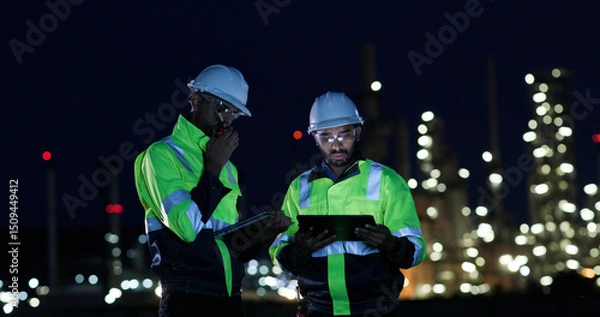 Obraz Industrial System Engineers Discussing Over Laptop And Digital Tablet While work over night at Refinery and gas petrochemical plant