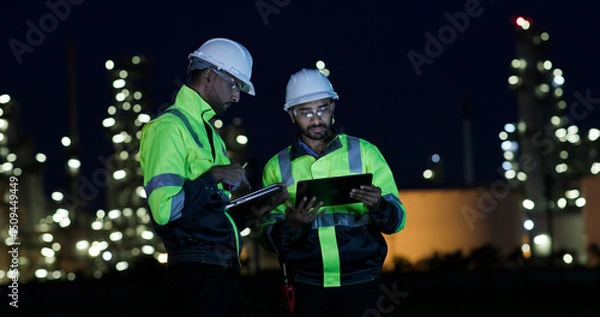 Fototapeta Industrial System Engineers Discussing Over Laptop And Digital Tablet While work over night at Refinery and gas petrochemical plant