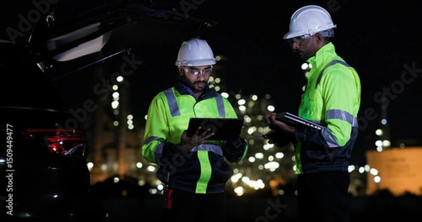 Obraz Industrial System Engineers Discussing Over Laptop And Digital Tablet While work over night at Refinery and gas petrochemical plant
