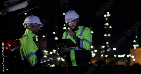 Obraz Industrial System Engineers Discussing Over Laptop And Digital Tablet While work over night at Refinery and gas petrochemical plant