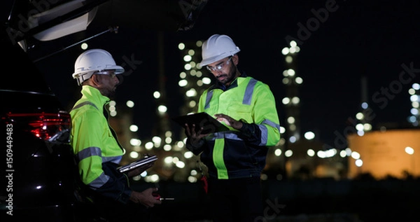 Obraz Industrial System Engineers Discussing Over Laptop And Digital Tablet While work over night at Refinery and gas petrochemical plant