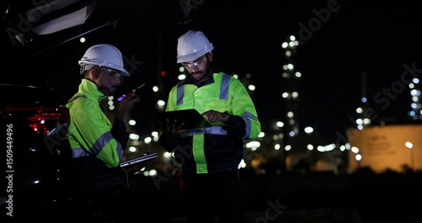 Obraz Industrial System Engineers Discussing Over Laptop And Digital Tablet While work over night at Refinery and gas petrochemical plant