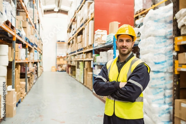 Obraz Male warehouse worker wearing hard hat in warehouse aisle next to stacked boxes, copy space
