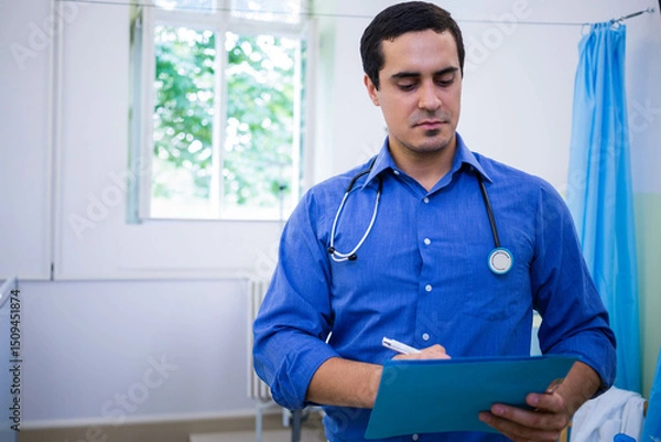 Obraz Doctor writing notes on blue clipboard wearing stethoscope in clinic by window foliage and curtain
