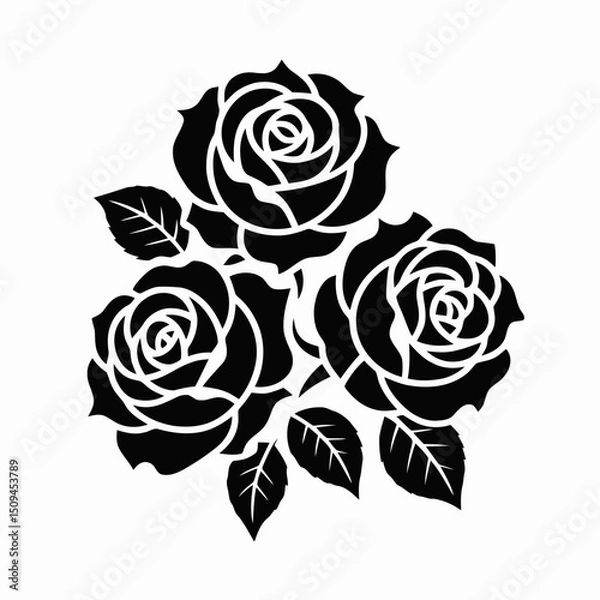 Fototapeta  Three roses cluster, black silhouette, clean edges, white background