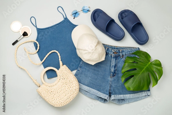 Fototapeta Flat lay with casual summer outfit on color background, top view