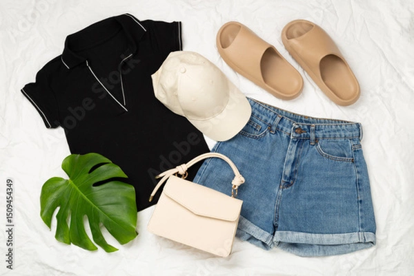 Fototapeta Flat lay with casual summer outfit on color background, top view