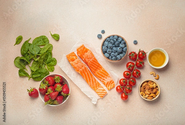 Obraz Raw salmon fillets, spinach, strawberries, blueberries, cherry tomatoes, almonds and olive oil. Set of foods that help to reduce inflammation, top view