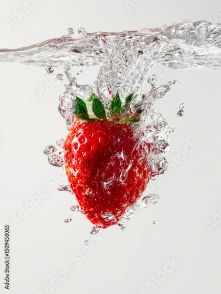 Fototapeta Exploding freshness: a strawberry breaks the stillness with a dramatic splash. Editorial-grade capture features fine detail and cinematic clarity, isolated beautifully against a white background.