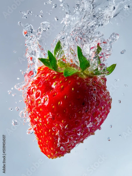 Fototapeta A vibrant strawberry bursts through water, frozen mid-splash against a clean white background. The cinematic lighting enhances the freshness and movement, creating a striking, editorial-style food con