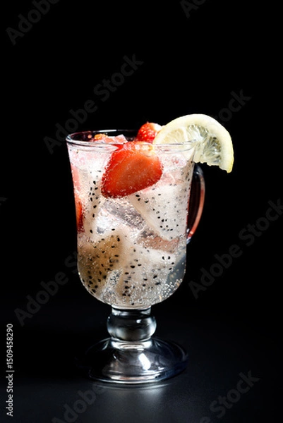Obraz Refreshing cocktail with pitahaya and strawberries in an Irish coffee glass and garnished with a slice of lemon.