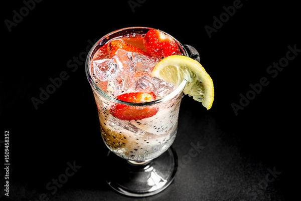 Obraz Cold refreshing cocktail with pitahaya and strawberries and garnished with a slice of lemon.