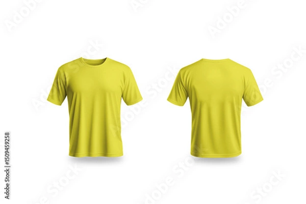 Fototapeta Yellow men t-shirt front and back views - isolated background and shadow - Exclusive Mockups for Branding and Packaging Design