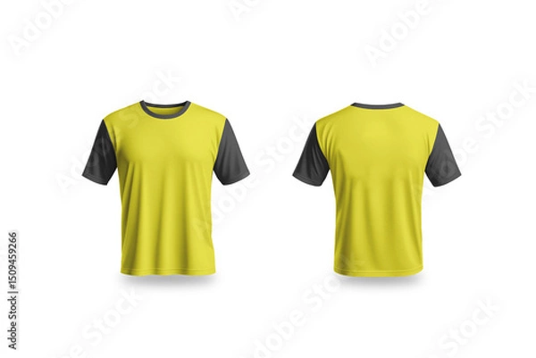 Fototapeta Yellow men t-shirt front and back views (Black neck & sleeves) - isolated background and shadow - Exclusive Mockups for Branding and Packaging Design