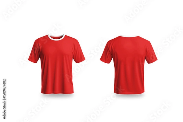 Fototapeta Red men t-shirt front and back views (White neck) - isolated background and shadow - Exclusive Mockups for Branding and Packaging Design
