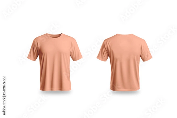 Fototapeta Salmon men t-shirt front and back views - isolated background and shadow - Exclusive Mockups for Branding and Packaging Design