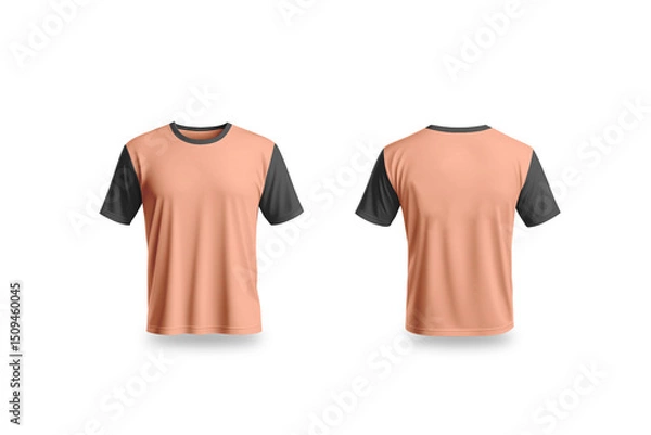 Fototapeta Salmon men t-shirt front and back views (Black neck & sleeves) - isolated background and shadow - Exclusive Mockups for Branding and Packaging Design