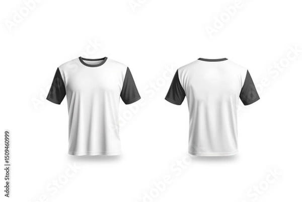 Fototapeta White men t-shirt front and back views (Black neck & sleeves) - isolated background and shadow - Exclusive Mockups for Branding and Packaging Design