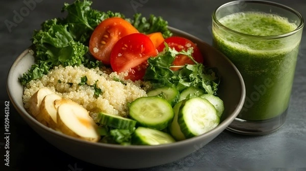 Fototapeta Vibrant Quinoa Bowl with Sliced Tomatoes, Cucumbers, and Kale Al