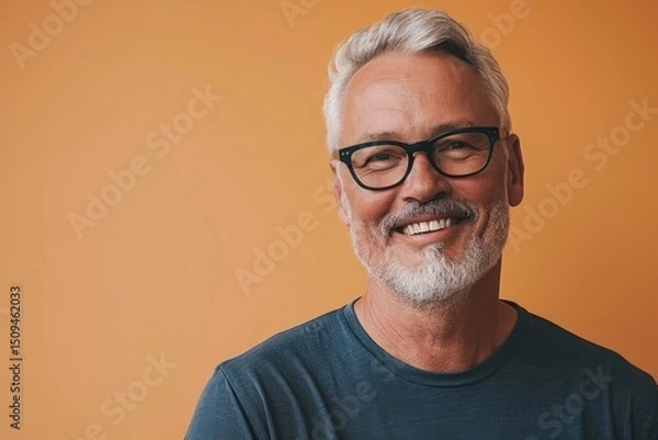 Fototapeta Portrait of smiling senior man with eyeglasses against orange background