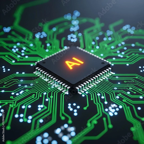 Fototapeta Macro Close-Up: Orange Glowing 'AI' Microchip on Detailed Dark Green Circuit Board with Luminous Green Traces and Soft Blue Connections, Representing Advanced Computing.