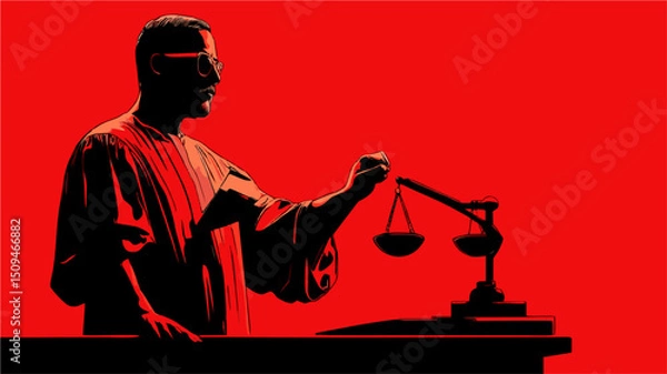 Fototapeta Judge with Scales of Justice in Red and Black Tones