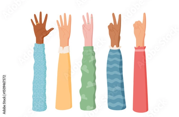 Fototapeta Hands count with fingers in cartoon graphic style set. Gestures display different numbers from one to five. People use these character icons for educational materials, with flat appearances,