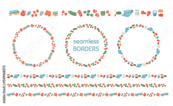 Obraz Colorful seamless sport equipment frame in flat style pattern. Gym and workout accessory border fits training and fitness themes. Ideal banner design or dynamic background.