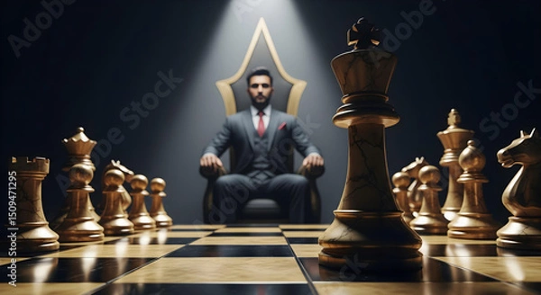 Obraz Chess Strategy Concept with Golden King Piece Under Spotlight, Dark Cinematic Mood, Businessman in Suit in Background, Gold and Grey Aesthetic for Success and Leadership Themes