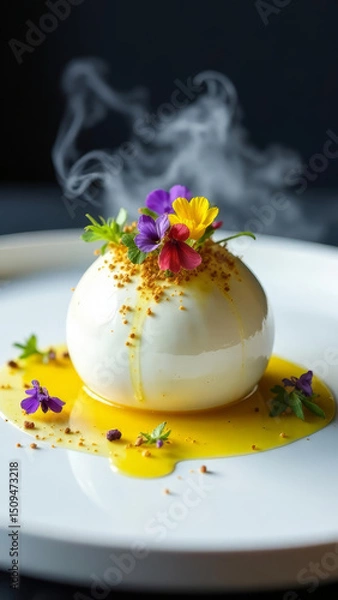 Fototapeta A modern molecular cuisine dish presented stylishly on a white plate. The dish features a spherical shape with edible flowers and a vibrant sauce, creating an elegant dining experience.