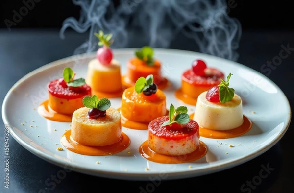 Fototapeta Stylish presentation of modern molecular cuisine dishes on a white plate. Colorful desserts with fruit flavors, garnished with mint leaves and smoke effects, menu