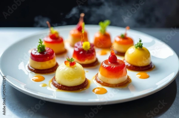 Fototapeta Colorful dishes of modern molecular cuisine arranged on a white plate. Each dish features unique textures and vibrant colors, showcasing innovative culinary techniques.