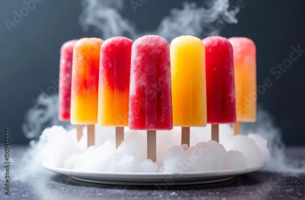 Fototapeta Colorful popsicles arranged in a circular pattern on a white plate, vibrant red, orange, and yellow hues. Smoke surrounds the plate, enhancing the modern presentation.