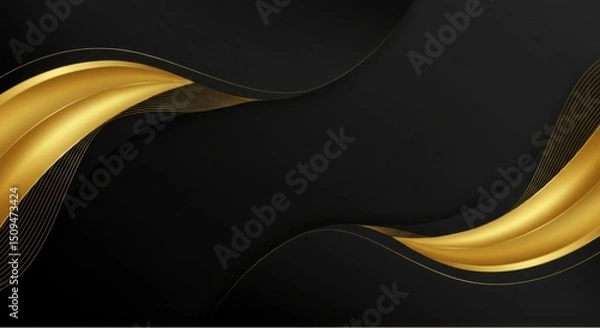 Obraz Minimal black background with abstract 3D gold waves, luxury vector backdrop