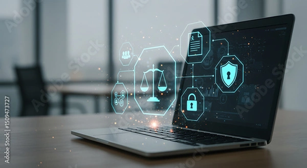 Fototapeta Digital Law & Security: A laptop showcases a dynamic digital overlay depicting law and security elements, symbolizing data protection, legal compliance, and secure online presence. 