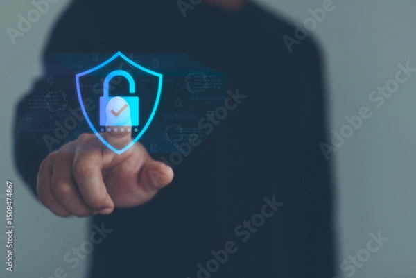 Obraz Businessman touching on virtual screen key lock for secure access, multi factor authentication, digital lock icon, cyber security interface. Showcases modern technology for access authentication.