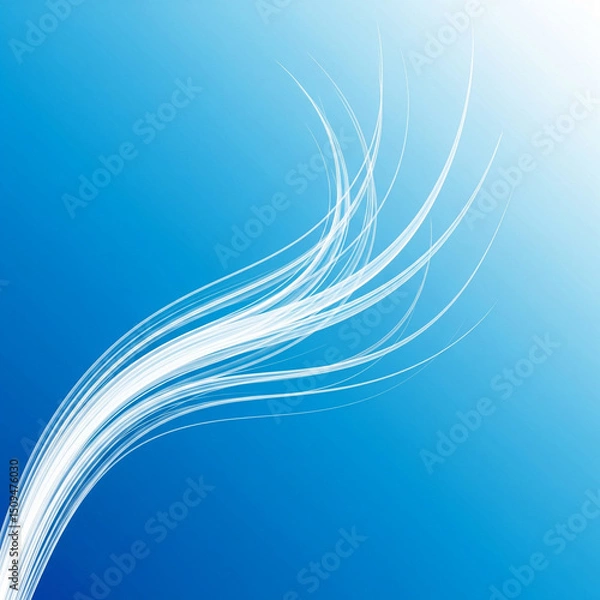 Fototapeta Abstract blue background with white, flowing lines or light streaks emanating from the lower left corner, resembling energy or movement.