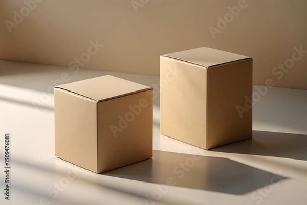 Fototapeta Two beige cardboard boxes on light background with sunlight and shadows creating minimalist aesthetic ideal for packaging mockup or branding