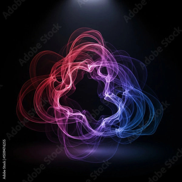 Fototapeta Abstract swirl of red and blue light/smoke. A ring shape is illuminated against a dark background with a spotlight effect.