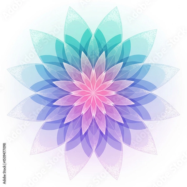 Fototapeta Abstract flower illustration. Layers of overlapping petals in shades of teal, blue, and pink create a soft, luminous, and calming design on a white background.
