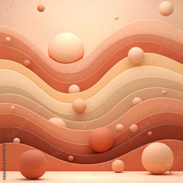 Fototapeta Abstract image with layered, wavy shapes in shades of beige and peach. Spheres of varying sizes are scattered throughout. Warm, soft, and minimalist aesthetic.