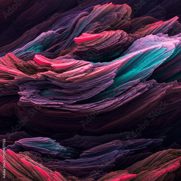 Fototapeta Abstract landscape featuring layered, textured formations in vibrant hues of pink, purple, teal, and brown. It resembles eroded rock or otherworldly terrain.