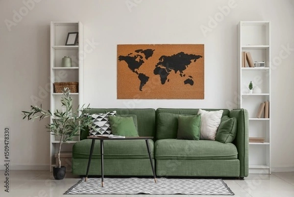 Fototapeta Green sofa, table, shelving units and world map on white wall in living room