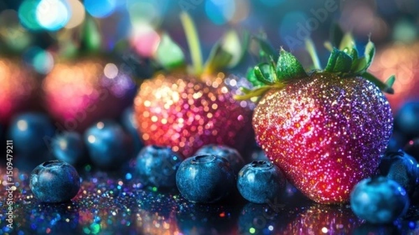 Fototapeta Close-up of glitter-covered strawberries and fresh blueberries on a sparkling surface, creating a dreamy, festive, fantasy-inspired food composition with rich textures and vivid colors